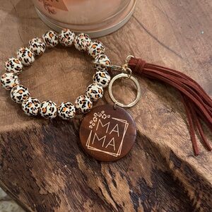 Leopard Print Beaded Keychain Bracelet with Tassel